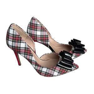 Betsey Johnson Prince D’orsay Pumps in White Plaid Patent Leather Bow Size 11